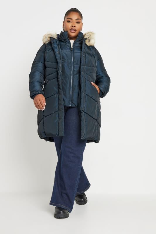 Evans YOURS Curve Navy Blue Faux Fur Trim Puffer Coat