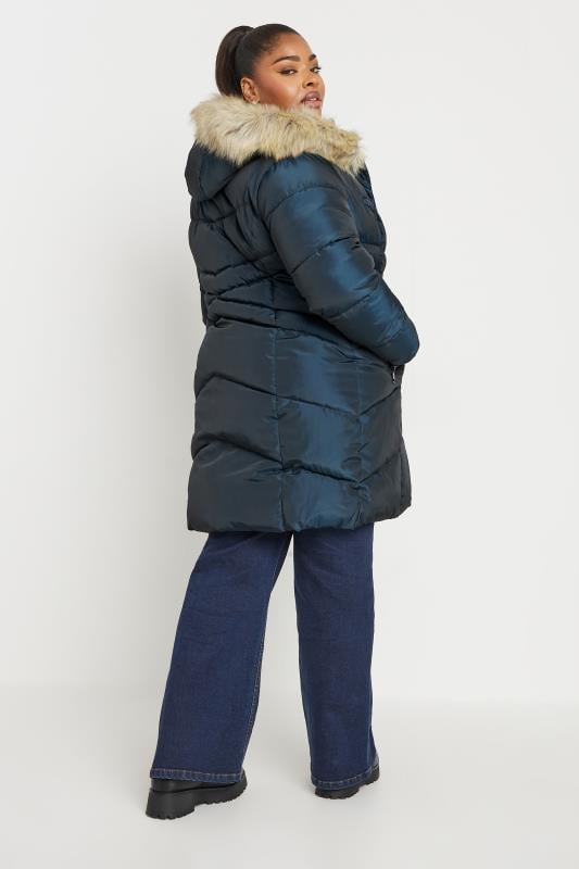 Evans YOURS Curve Navy Blue Faux Fur Trim Puffer Coat