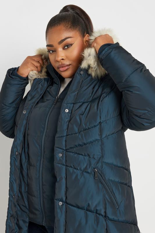 evans YOURS Curve Navy Blue Faux Fur Trim Puffer Coat