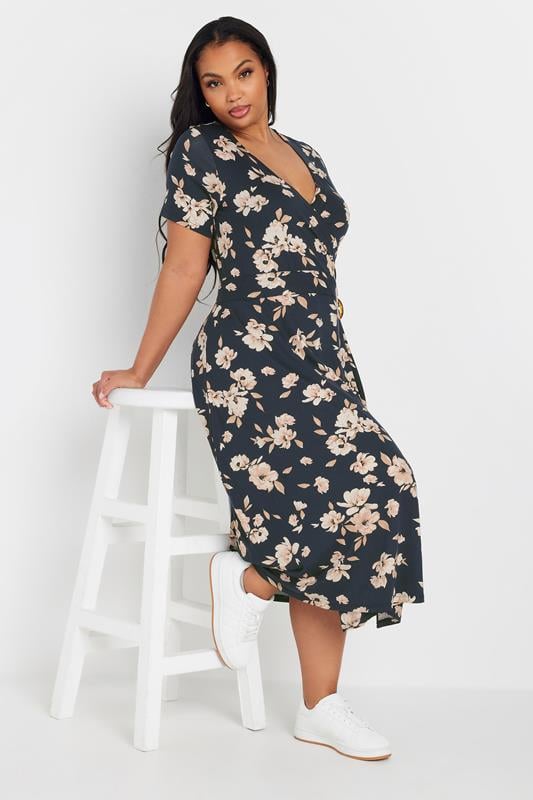 evans YOURS Curve Navy Blue Floral Buckle Midi Dress