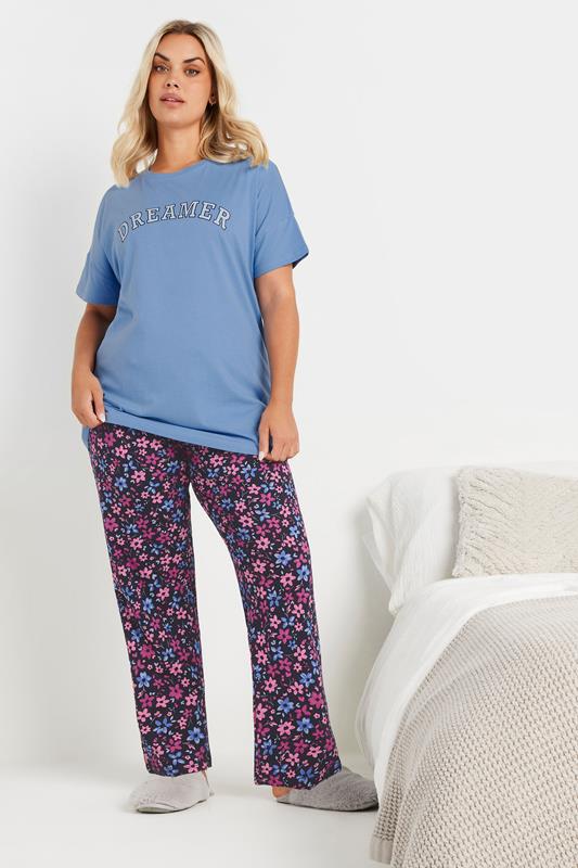 evans YOURS Curve Navy Blue Floral Wide Leg Pyjama Bottoms