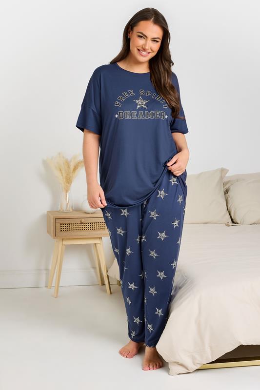 Evans YOURS Curve Navy Blue 'Free Spirit Dreamer' Star Print Wide Leg Pyjama Set