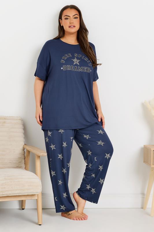 evans YOURS Curve Navy Blue 'Free Spirit Dreamer' Star Print Wide Leg Pyjama Set