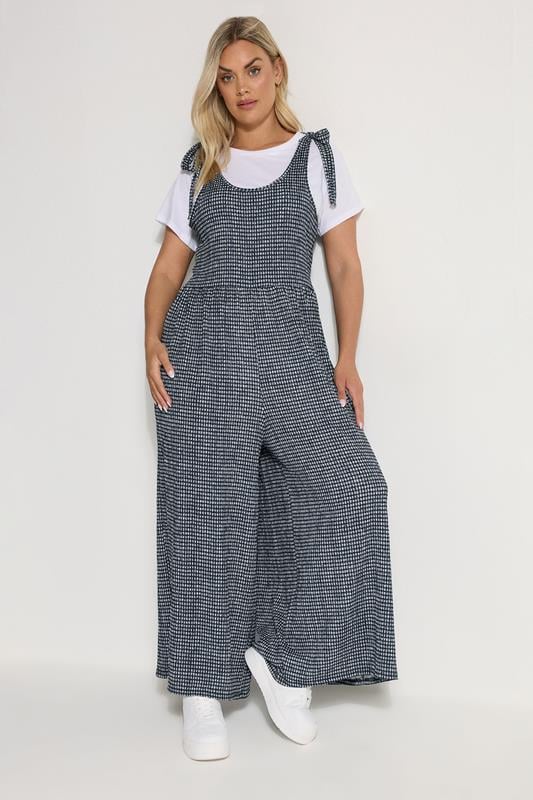Evans YOURS Curve Navy Blue Gingham Textured Wide Leg Jumpsuit