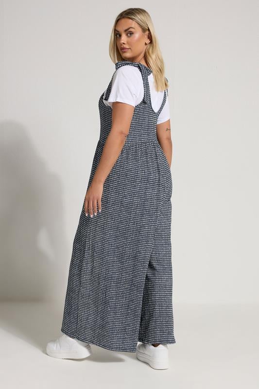 Evans YOURS Curve Navy Blue Gingham Textured Wide Leg Jumpsuit