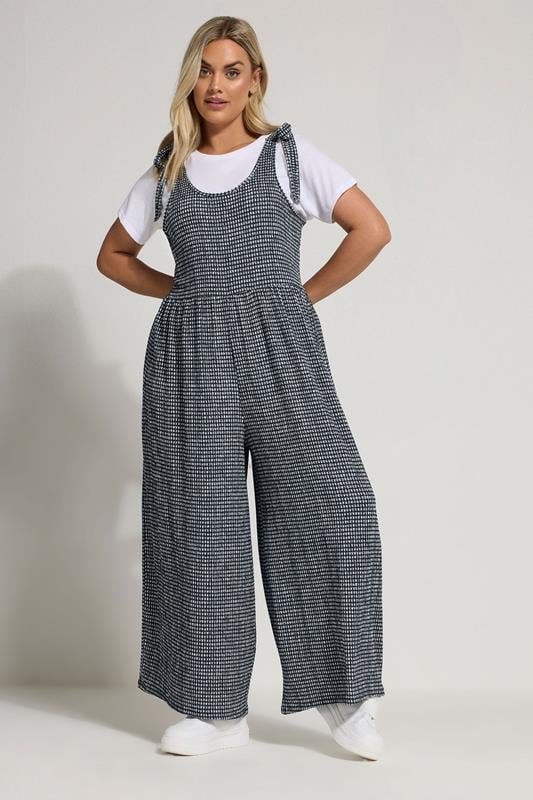 evans YOURS Curve Navy Blue Gingham Textured Wide Leg Jumpsuit