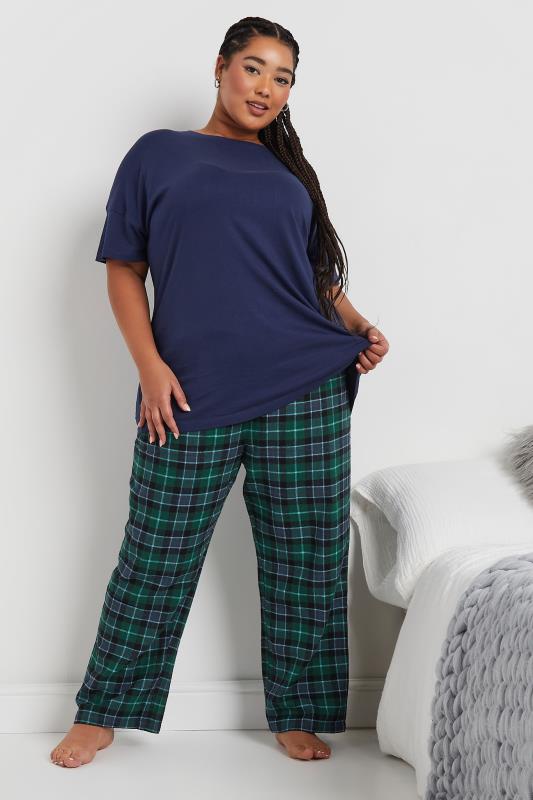 evans YOURS Curve Navy Blue & Green Woven Check Pyjama Set