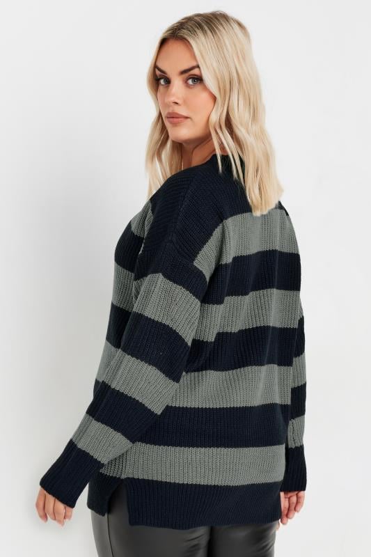 Evans YOURS Curve Navy Blue & Grey Stripe Knitted Jumper
