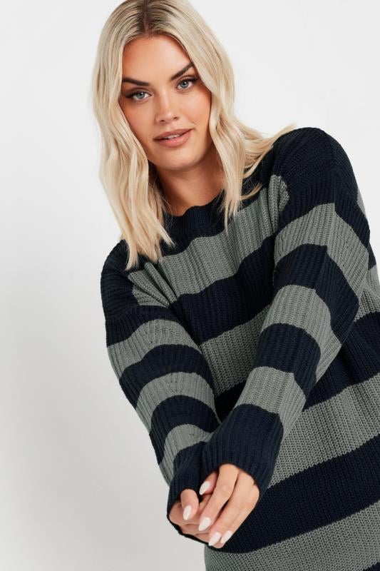 Evans YOURS Curve Navy Blue & Grey Stripe Knitted Jumper