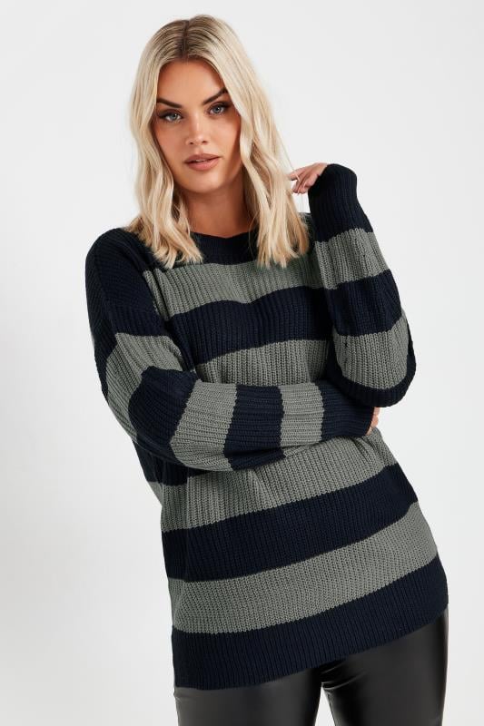 evans YOURS Curve Navy Blue & Grey Stripe Knitted Jumper
