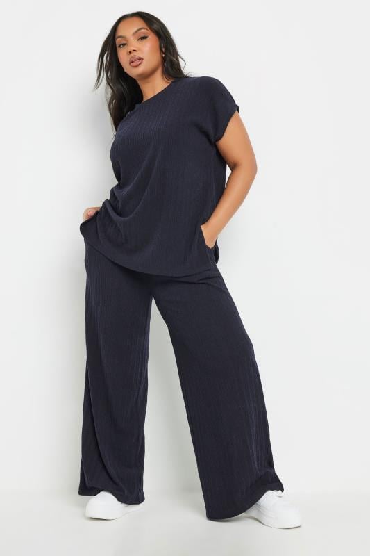 Evans YOURS Curve Navy Blue Knitted Wide Leg Trousers