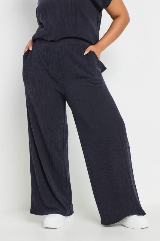 evans YOURS Curve Navy Blue Knitted Wide Leg Trousers