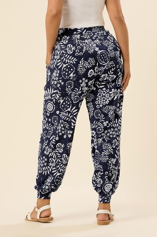 Evans YOURS Curve Navy Blue Leaf Print Cuffed Harem Trousers