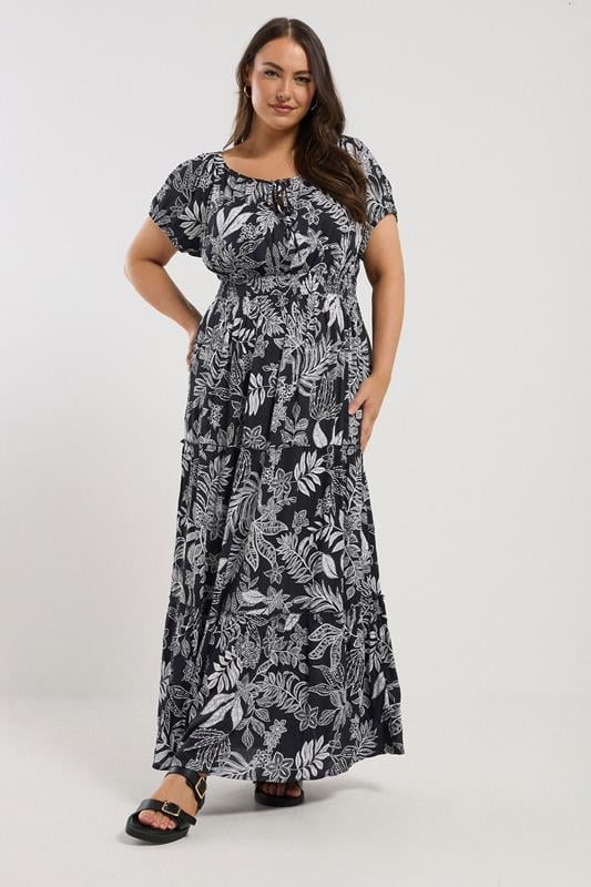 Evans YOURS Curve Navy Blue Leaf Print Tie Front Maxi Dress