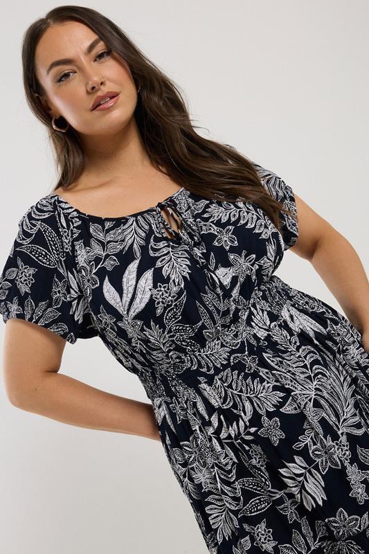 Evans YOURS Curve Navy Blue Leaf Print Tie Front Maxi Dress
