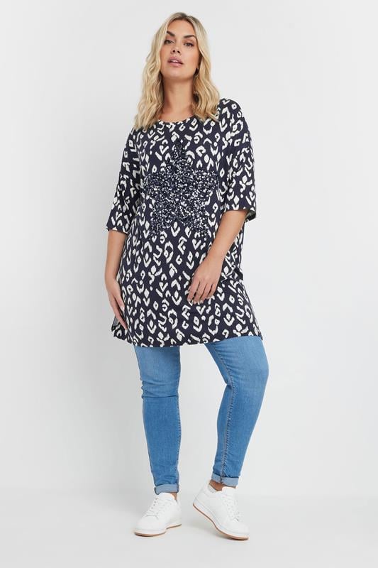 Evans YOURS Curve Navy Blue Leopard Heart Embellished Top
