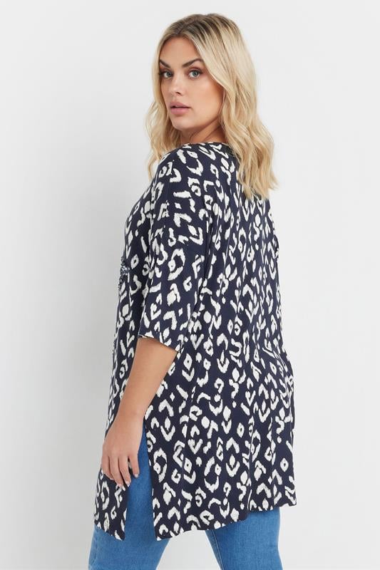 Evans YOURS Curve Navy Blue Leopard Heart Embellished Top