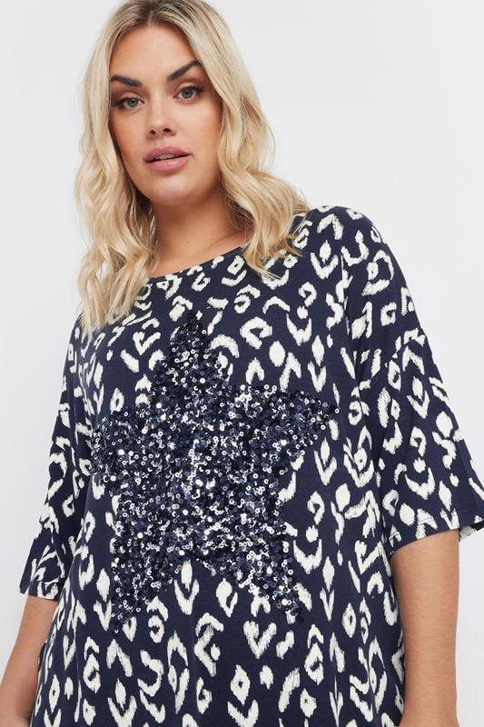 Evans YOURS Curve Navy Blue Leopard Heart Embellished Top