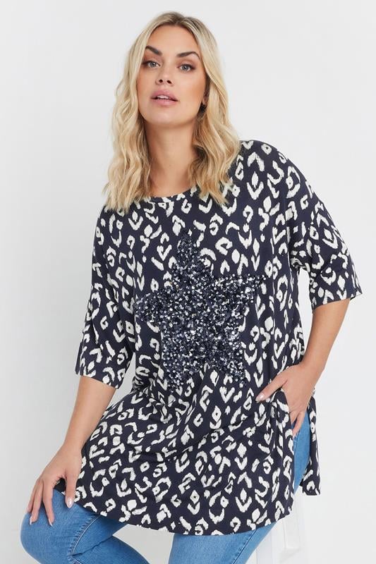 evans YOURS Curve Navy Blue Leopard Heart Embellished Top