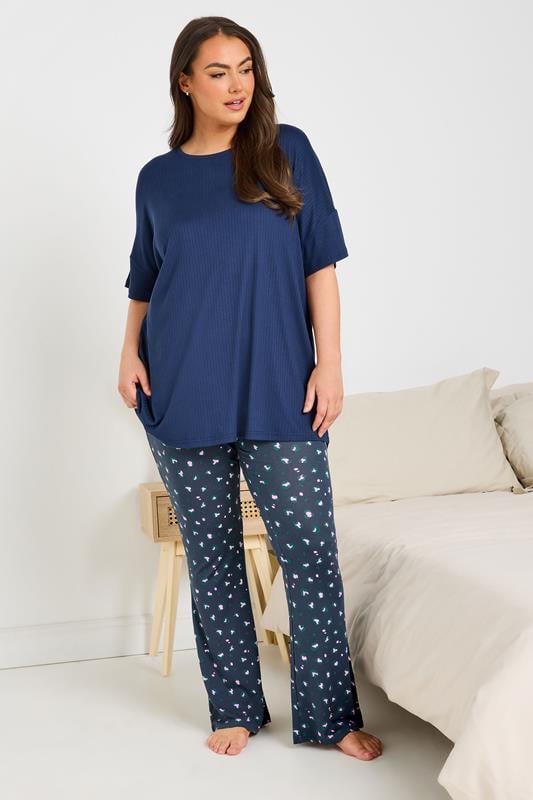 Evans YOURS Curve Navy Blue Leopard Print Flare Pyjama Bottoms