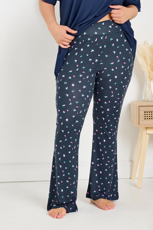 evans YOURS Curve Navy Blue Leopard Print Flare Pyjama Bottoms