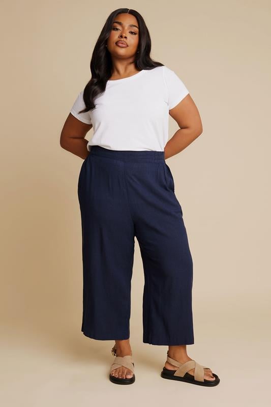 Evans YOURS Curve Navy Blue Linen Cropped Wide Leg Trousers