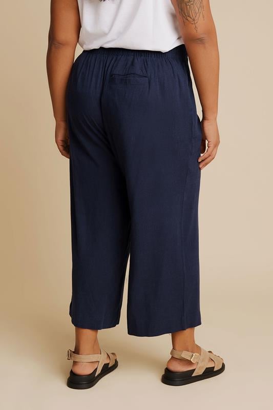 Evans YOURS Curve Navy Blue Linen Cropped Wide Leg Trousers