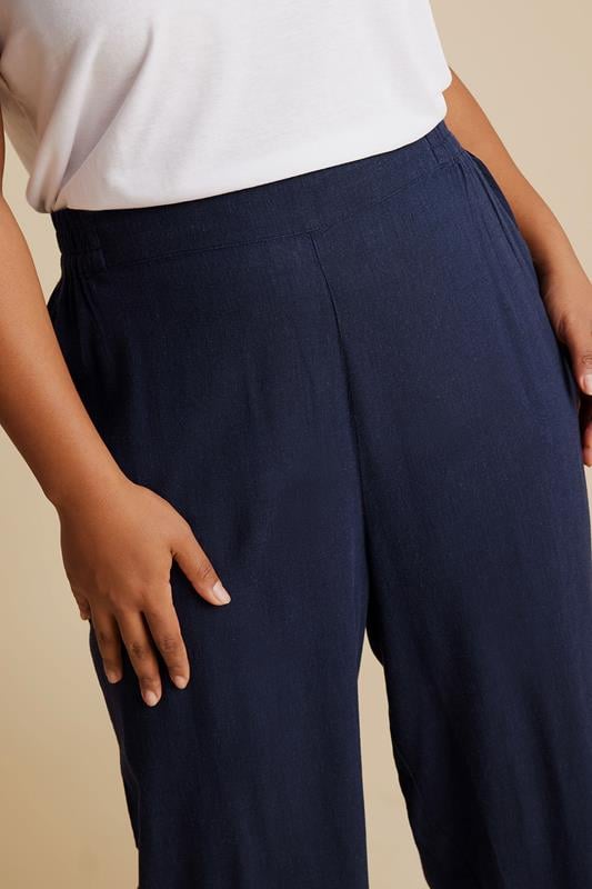 Evans YOURS Curve Navy Blue Linen Cropped Wide Leg Trousers
