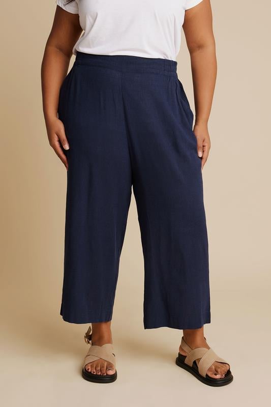 evans YOURS Curve Navy Blue Linen Cropped Wide Leg Trousers