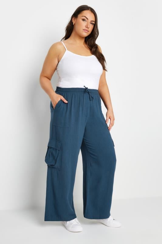 Evans YOURS Curve Navy Blue Linen Look Cargo Trousers
