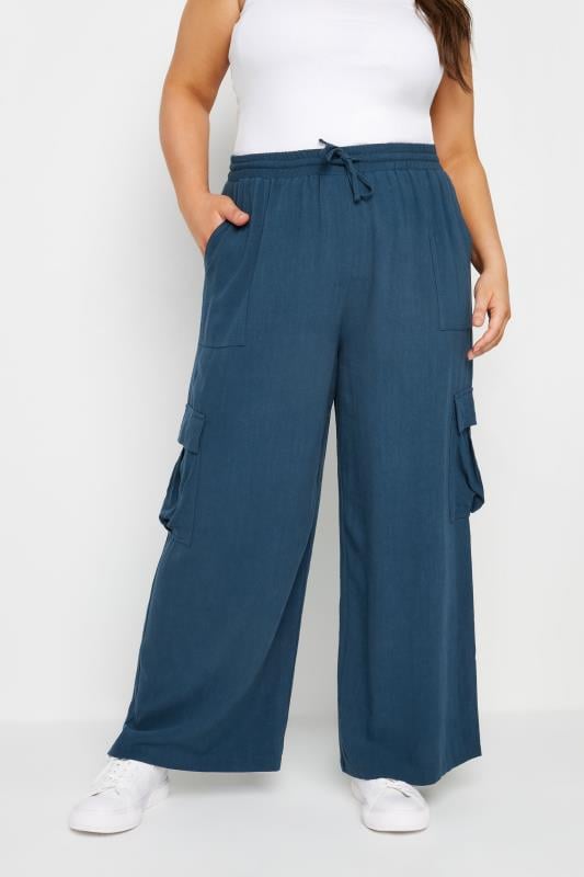 evans YOURS Curve Navy Blue Linen Look Cargo Trousers