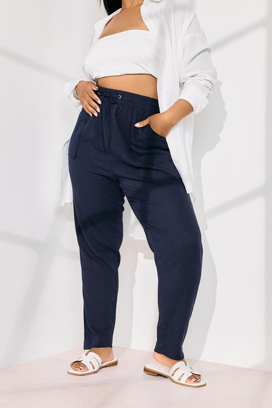 Evans YOURS Curve Navy Blue Linen Tie Front Joggers