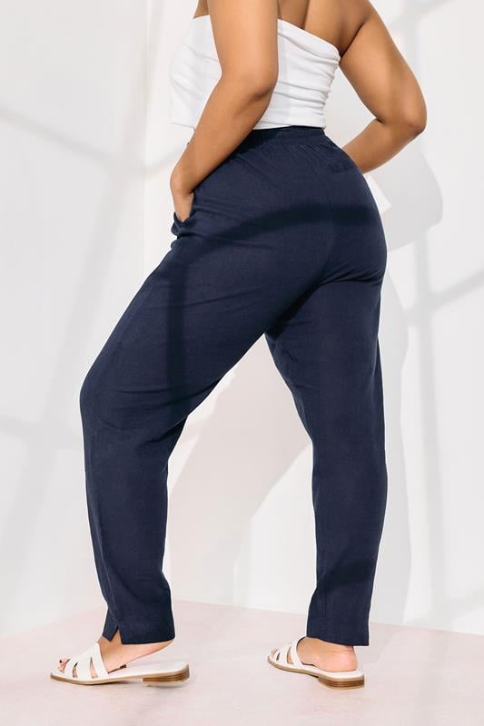 Evans YOURS Curve Navy Blue Linen Tie Front Joggers