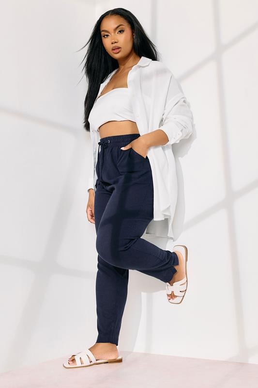 evans YOURS Curve Navy Blue Linen Tie Front Joggers