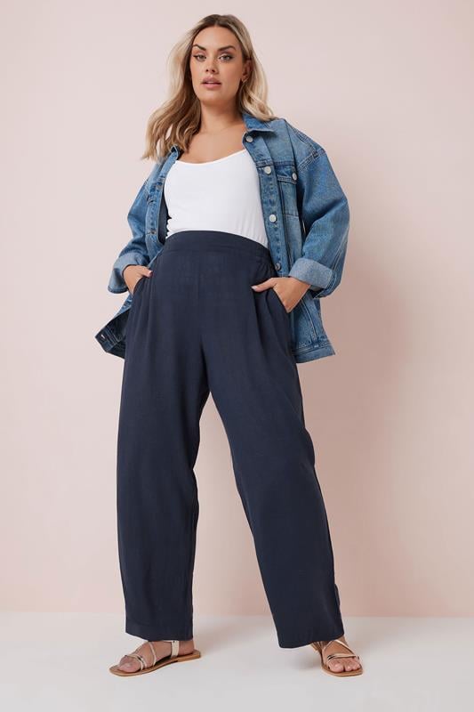 Evans YOURS Curve Navy Blue Linen Wide Leg Trousers