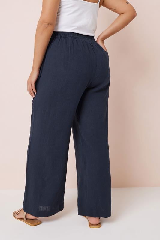 Evans YOURS Curve Navy Blue Linen Wide Leg Trousers