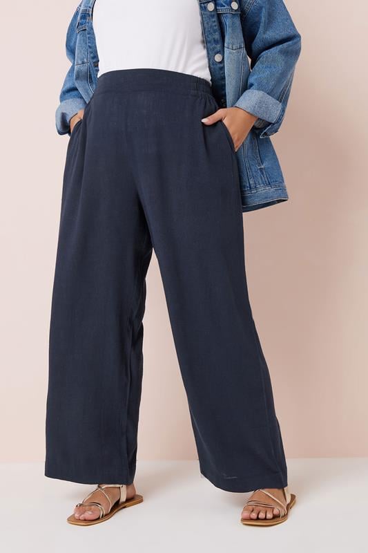 evans YOURS Curve Navy Blue Linen Wide Leg Trousers