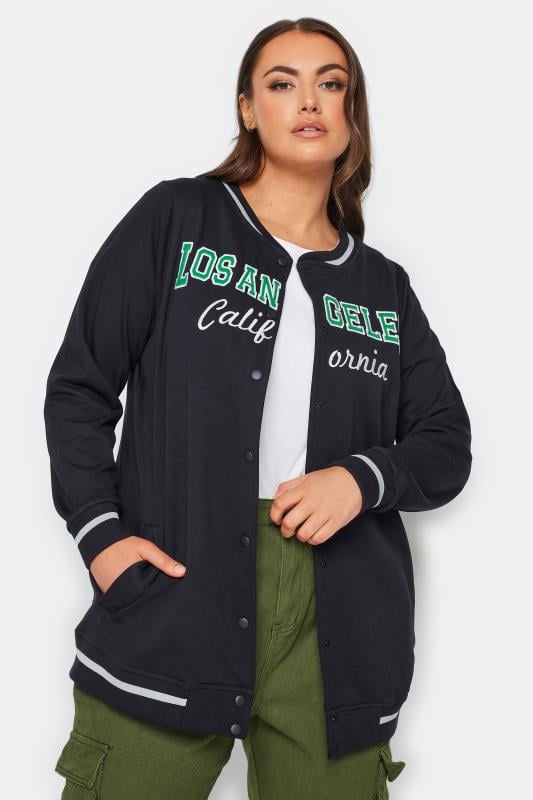 evans YOURS Curve Navy Blue 'Los Angeles' Slogan Varsity Bomber Jacket