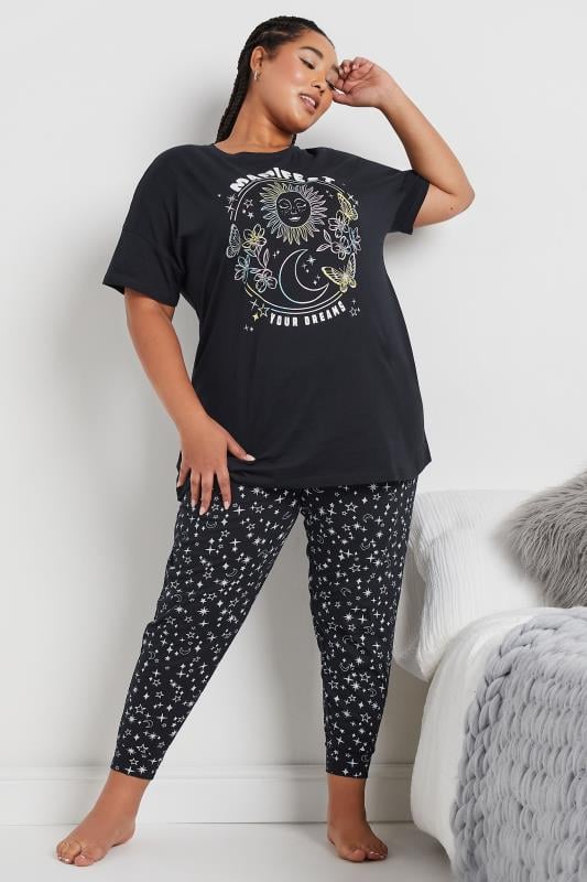 Evans YOURS Curve Navy Blue 'Manifest' Star Print Cuffed Pyjama Set