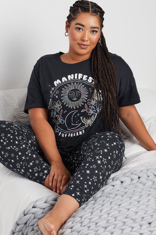 evans YOURS Curve Navy Blue 'Manifest' Star Print Cuffed Pyjama Set
