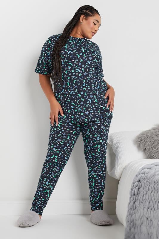 Evans YOURS Curve Navy Blue Moon & Star Print Pyjama Set