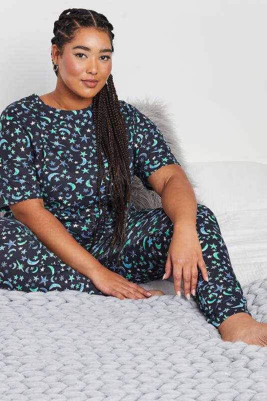 Evans YOURS Curve Navy Blue Moon & Star Print Pyjama Set