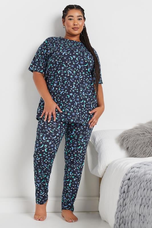 evans YOURS Curve Navy Blue Moon & Star Print Pyjama Set