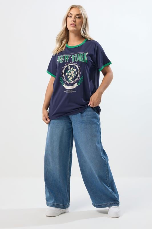 Evans YOURS Curve Navy Blue 'New York' Varsity Ringer T-Shirt
