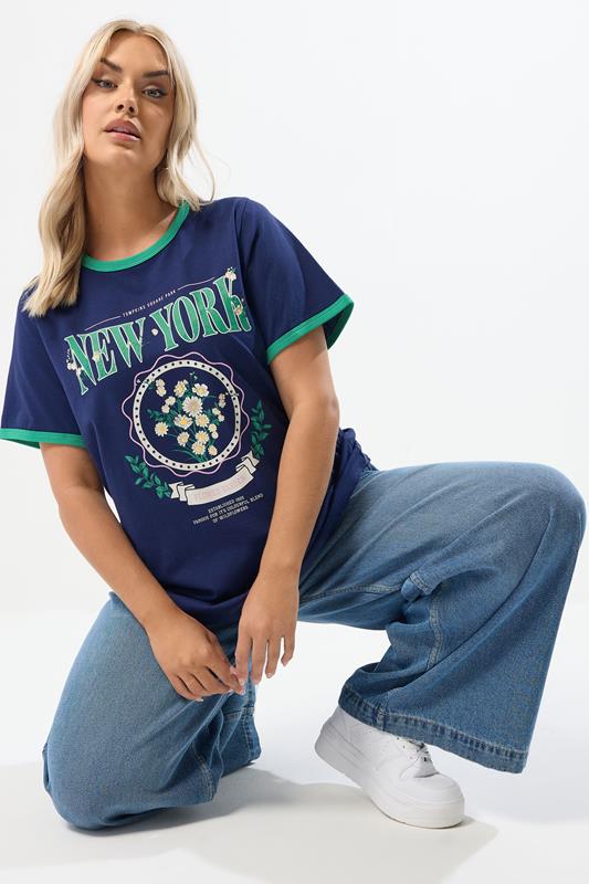 evans YOURS Curve Navy Blue 'New York' Varsity Ringer T-Shirt