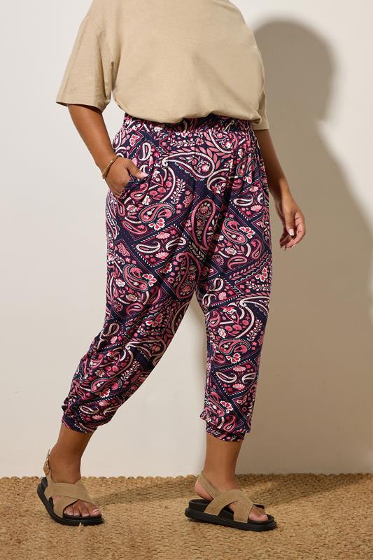 evans YOURS Curve Navy Blue Paisley Print Harem Trousers