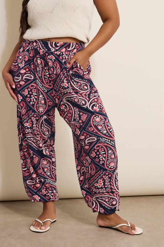 evans YOURS Curve Navy Blue Paisley Print Harem Trousers
