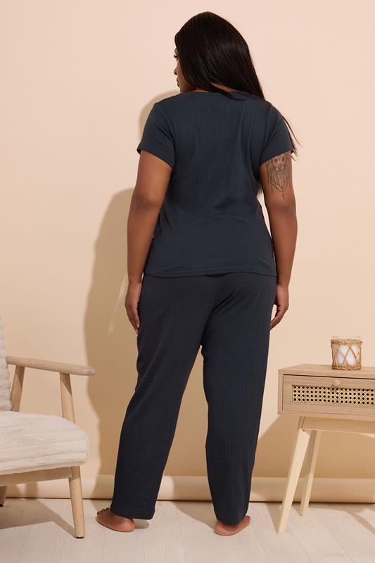 Evans YOURS Curve Navy Blue Pointelle Wide Leg Pyjama Set
