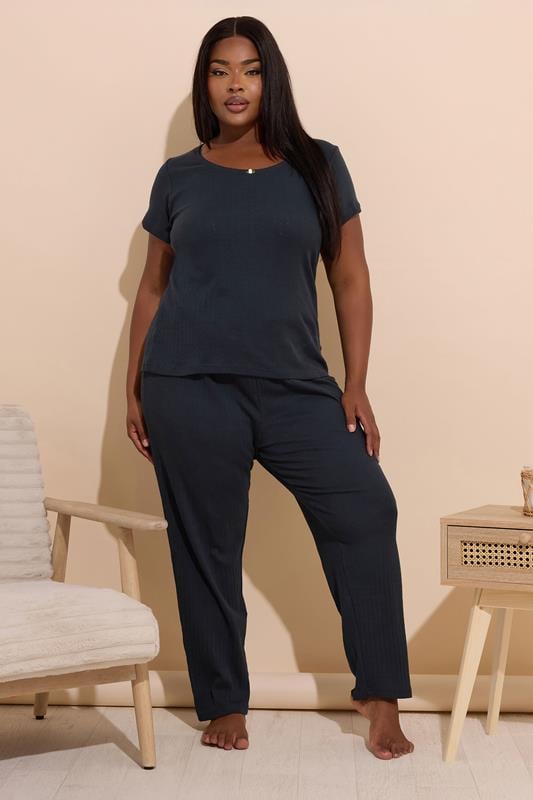 evans YOURS Curve Navy Blue Pointelle Wide Leg Pyjama Set