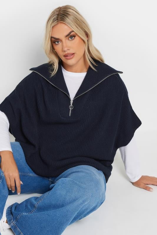 Evans YOURS Curve Navy Blue Quarter Zip Short Sleeve Jumper